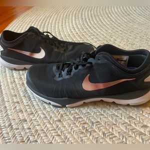 Nike tennis shoes, black with rose gold accent